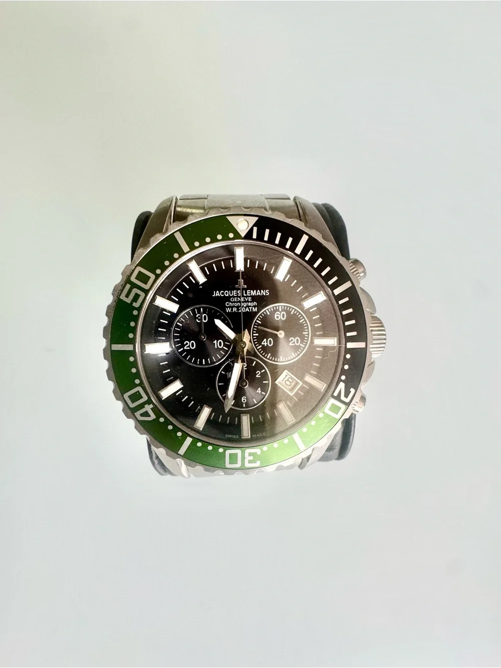Jacques Lemans Stainless Steel Chrono Watch w/ Green Bezel and Black Dial